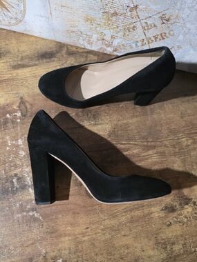 J Crew Classic Black Suede Block Heel Pumps
